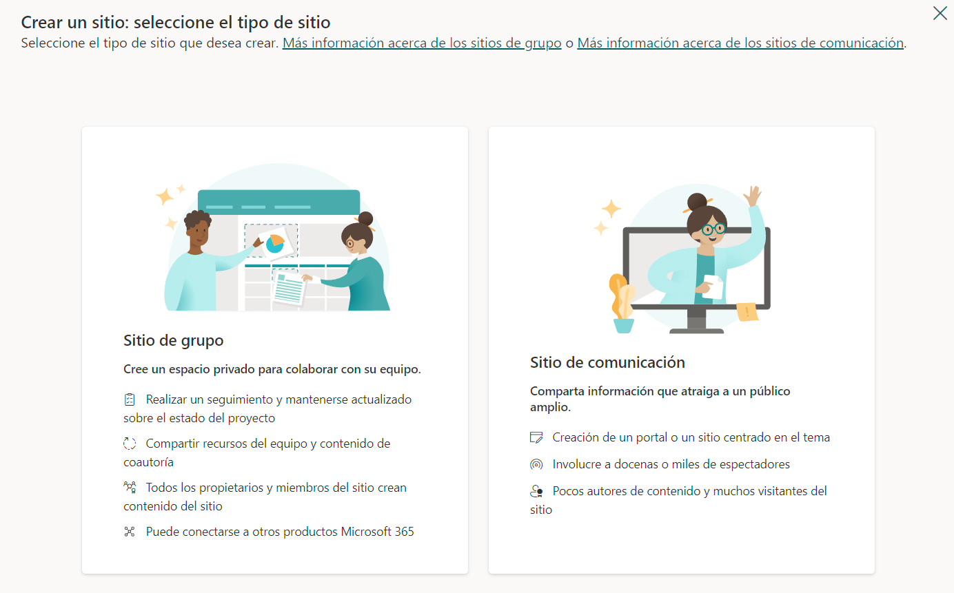 Pantalla de elección del tipo de sitio a crear